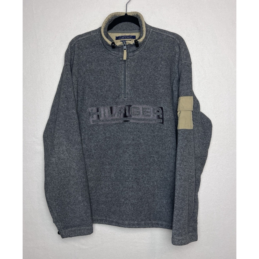 Tommy Hilfiger Men's Quarter Zip Gray Fleece Pullover Size XL Collared Vintage